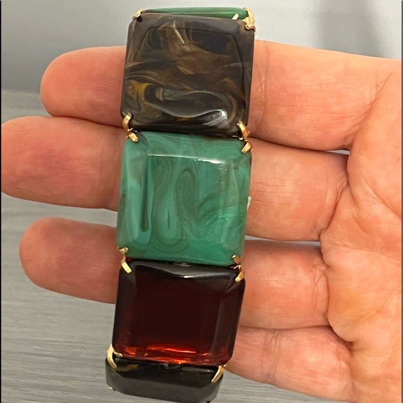 Gold and Plastic Stretch Bracelet with Swirl Design, Red, Turquoise, Brown, Boho - Picture 3 of 5